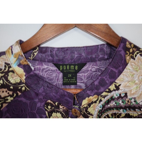 Poeme Citron Silk Blend Tunic Top 2X Purple Paisley Floral Asian Art To Wear - Picture 7 of 9